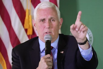 caption: Former Vice President Mike Pence speaks at a luncheon on April 28 in Salt Lake City.