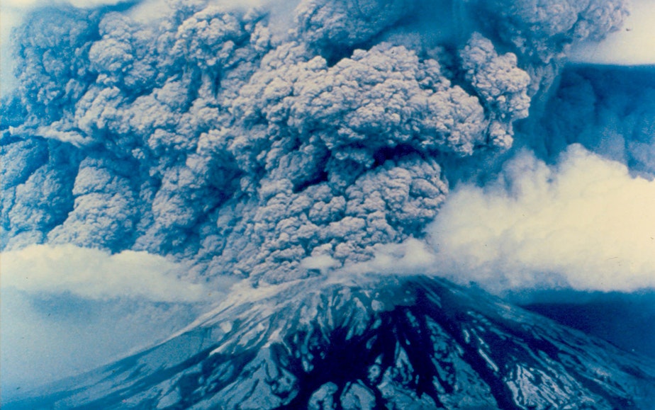 caption: The eruption of Mount St. Helens on May 18, 1980 as seen from the east.