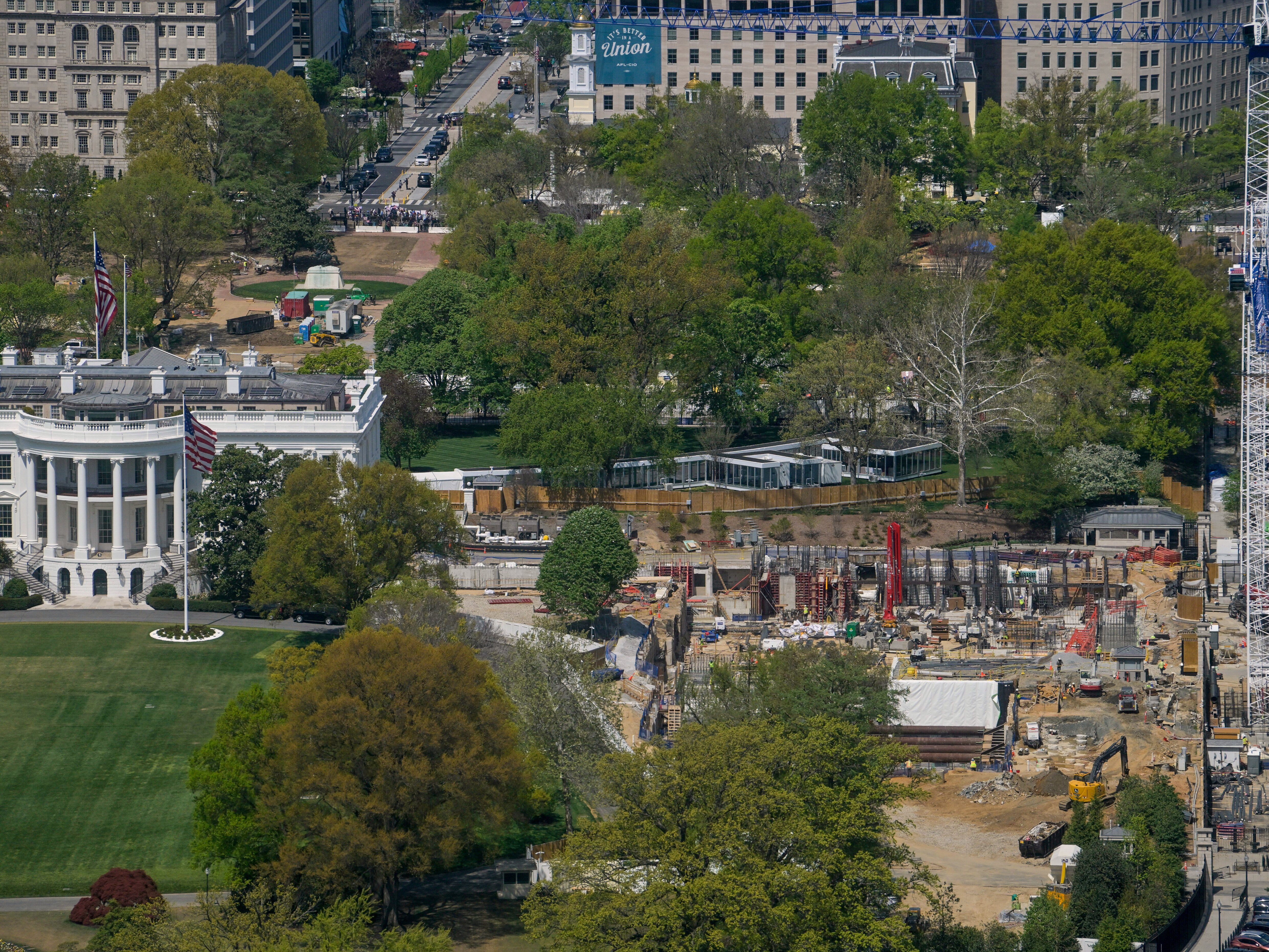 caption: Work continues on the construction of the ballroom at the White House, Thursday, April 9, 2026, in Washington, where the East Wing once stood.