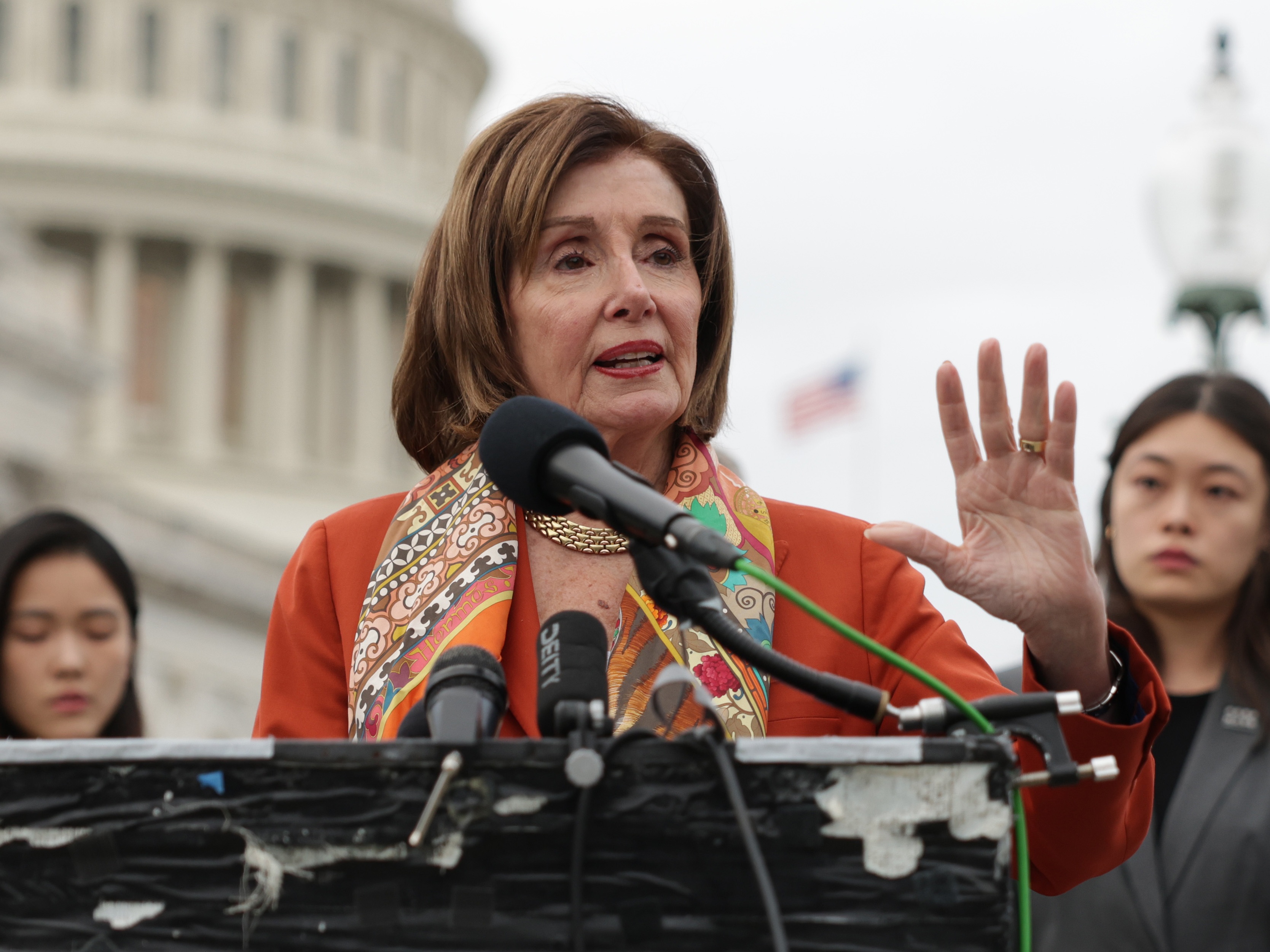 caption: U.S. House Speaker Emerita Rep. Nancy Pelosi (D-CA) speaks during a news conference on November 19, 2024 in front of the U.S. Capitol.