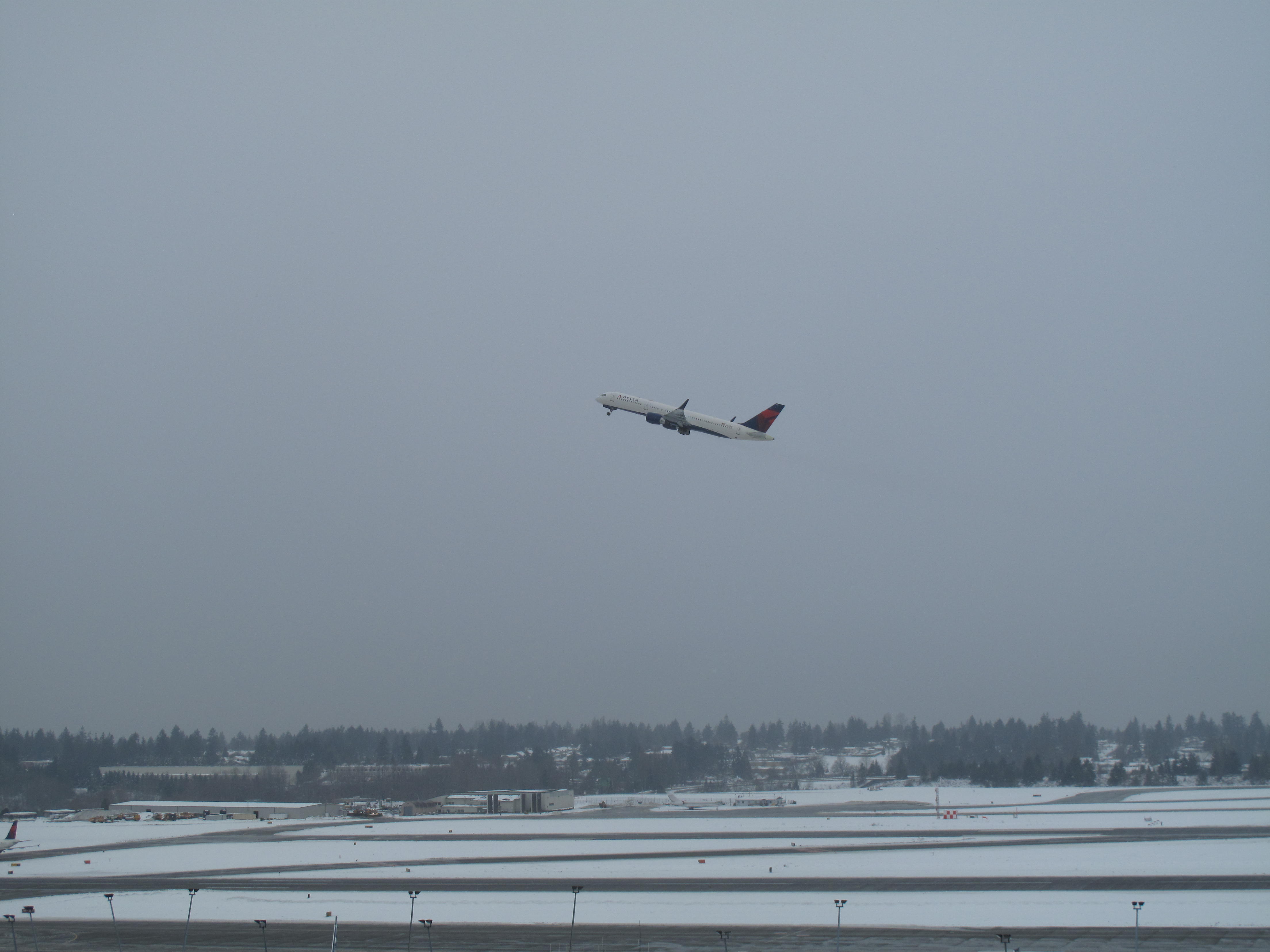caption: Visibility was not great Monday morning, February 11th, so hundreds of flights were being cancelled out of Sea-Tac Airport. 