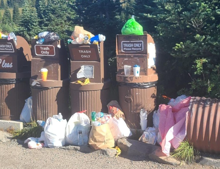 caption: Trash cans at Mount Rainier National Park after visitors swarmed the park to watch the Perseid meteor shower in August 2023. The park service reports that many people wandered off trails. As a result, wild flowers and other plants were trampled across fragile meadows. People also parked where parking was not allowed, and trash was widely littered. 