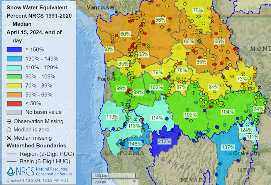 caption: The amount of snowpack in the Pacific Northwest as of April, 15, 2024. The percentages are based on comparisons to the average snowpack for that day between 1991 and 2020. A drought emergency was declared for the state on April 16,. excluding the Seattle, Tacoma, and Everett areas. 