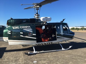 caption: King County Sheriff Office's Guardian 2 chopper. On Aug. 14, it was dispatched to rescue and injured hiker near Surprise Lake in King County. 