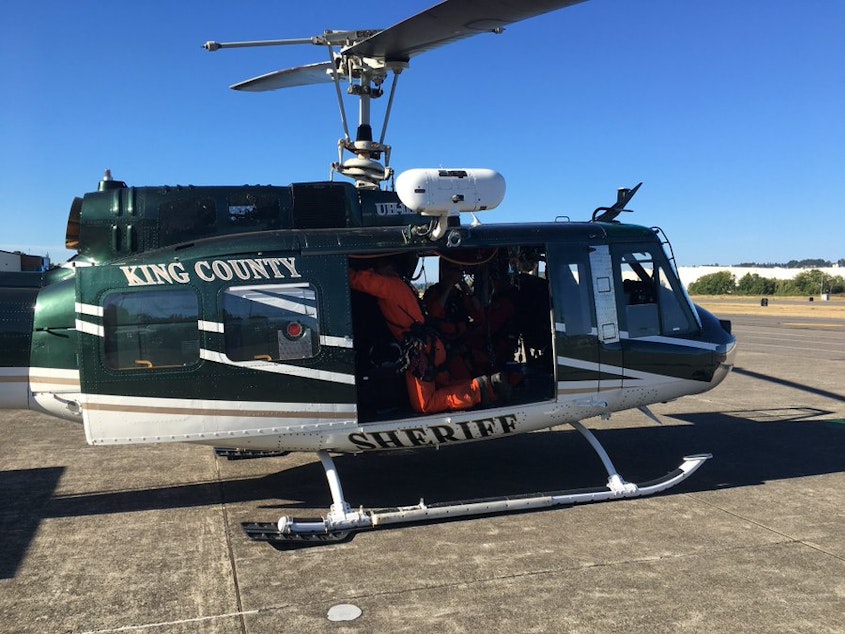 caption: King County Sheriff Office's Guardian 2 chopper. On Aug. 14, it was dispatched to rescue and injured hiker near Surprise Lake in King County.