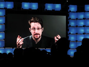 caption: A federal court is ordering ex-National Security Agency contractor Edward Snowden, seen here in Nov. 2019, to pay more then $5 million in profits and royalties from his 2019 memoir <em></em>and speeches.