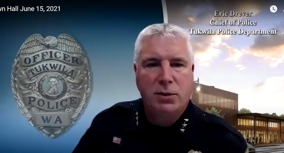caption: Tukwila Police Chief Eric Drever at a recent virtual town hall. 