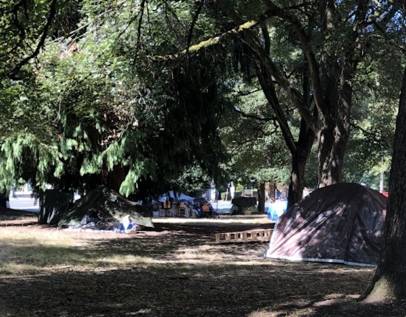 caption: Seattle homeless encampment
