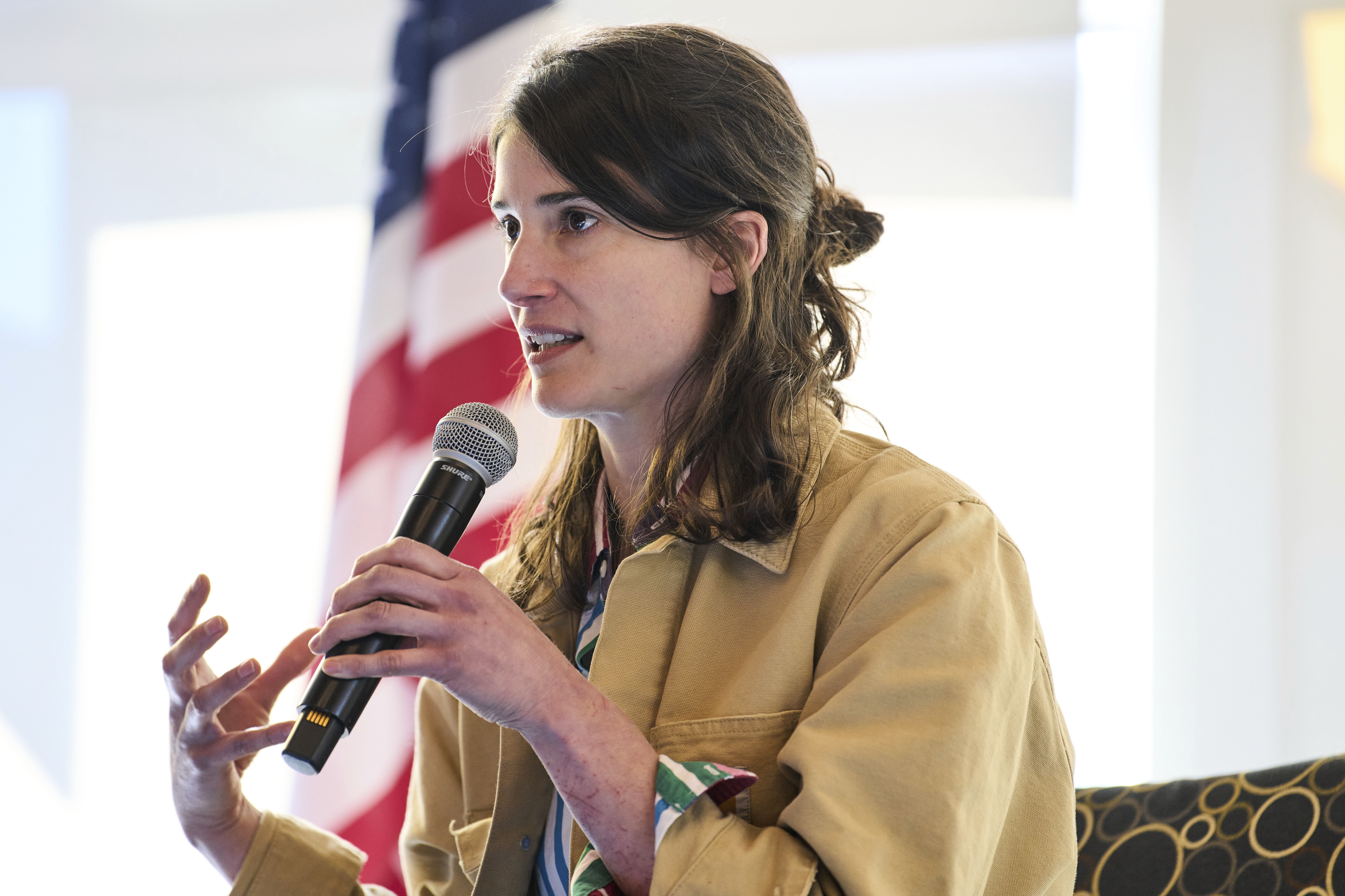 caption: Rep. Marie Gluesenkamp Perez, D-Wash., speaks during a town hall event at Centralia College, Tuesday, April 22, 2025, in Centralia, Wash. 