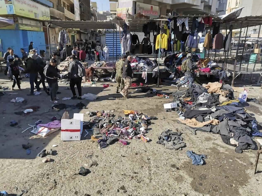 caption: A rare, deadly suicide bomb attack in a busy Baghdadi market killed and wounded dozens of civilians Thursday afternoon. The death toll is expected to rise.