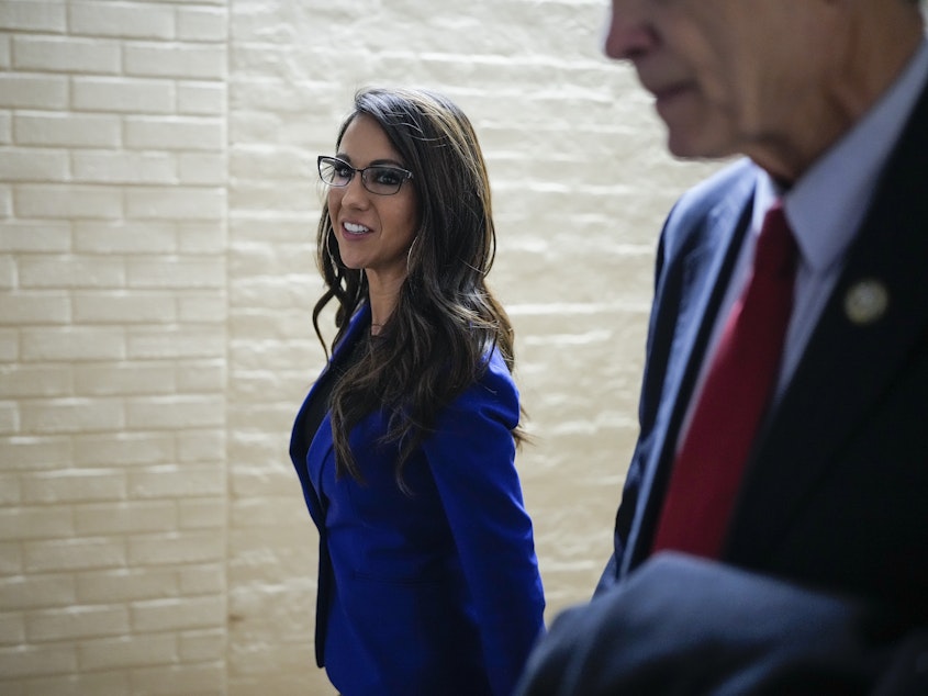 caption: Rep. Lauren Boebert, pictured here at the U.S. Capitol in January, was escorted from a Denver theater on Sunday night after multiple complaints of disruptive behavior.