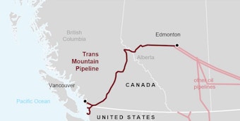 caption: A map showing the Trans Mountain Pipeline that will fee crude oil to Vancouver, Canada, as well as to refineries across the border in Washington state. 