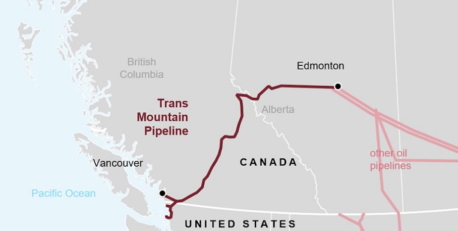 caption: A map showing the Trans Mountain Pipeline that will fee crude oil to Vancouver, Canada, as well as to refineries across the border in Washington state.