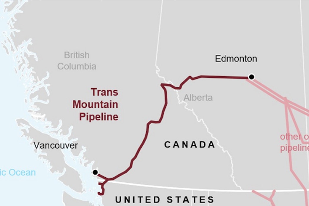 caption: A map showing the Trans Mountain Pipeline that will fee crude oil to Vancouver, Canada, as well as to refineries across the border in Washington state. 