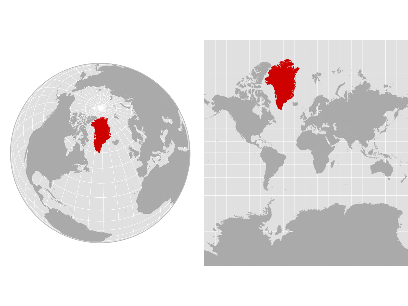 caption: These maps show two different approaches to depicting Greenland. The left map is an orthographic projection, emulating a globe. The right map is a Mercator projection, which exaggerates the sizes of landmasses — including Greenland — that are closest to the poles.