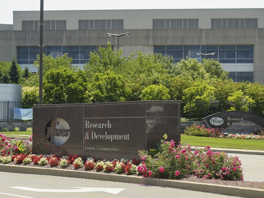 caption: Scientists at Pfizer's research and development laboratories in Groton, Conn., worked on the COVID-19 pill called Paxlovid.