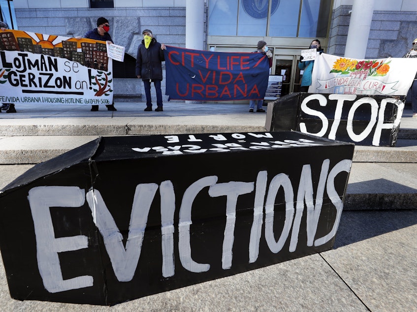 caption: Tenants' rights advocates demonstrated in Boston in January, calling on the Biden administration to extend the CDC eviction moratorium.