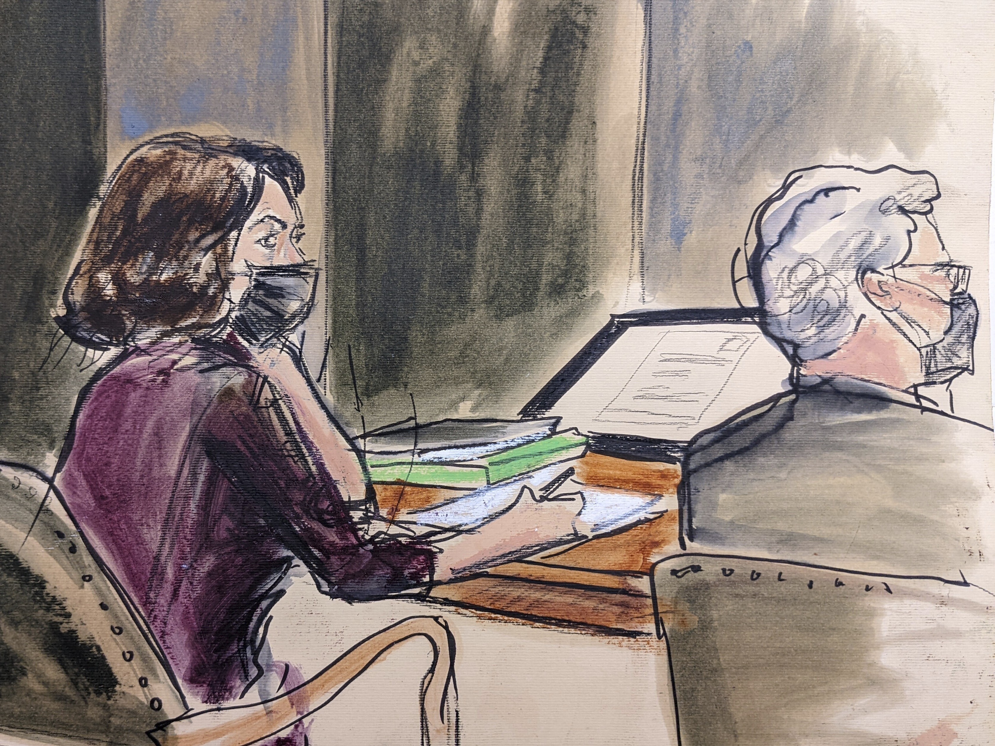 caption: In this courtroom sketch, Ghislaine Maxwell, left, sits at the defense table with defense attorney Jeffrey Pagliuca while listening to testimony in her sex abuse trial on Dec. 16, 2021, in New York.