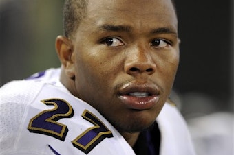 caption: In this Aug. 7, 2014, file photo, Baltimore Ravens running back Ray Rice sits on the sideline in the first half of an NFL preseason football game against the San Francisco 49ers in Baltimore.
