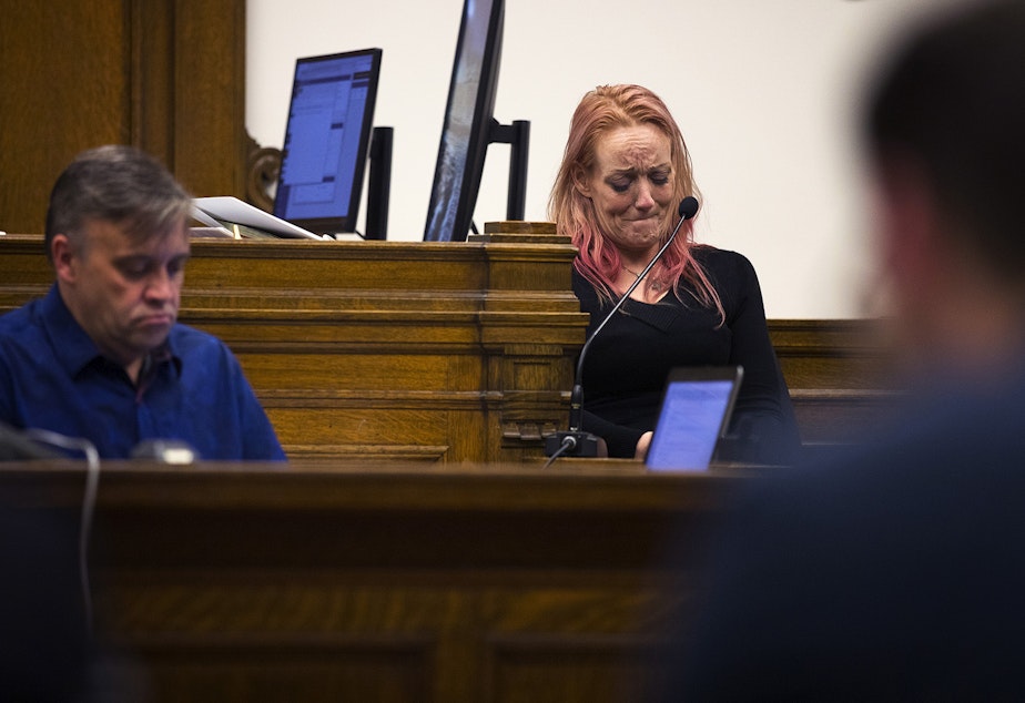 caption: Robin Curtis testifies on Monday, October 21, 2019, at King County Superior Courthouse in Seattle. 