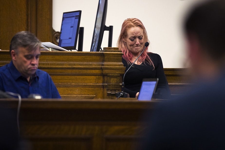 caption: Robin Curtis testifies on Monday, October 21, 2019, at King County Superior Courthouse in Seattle. 