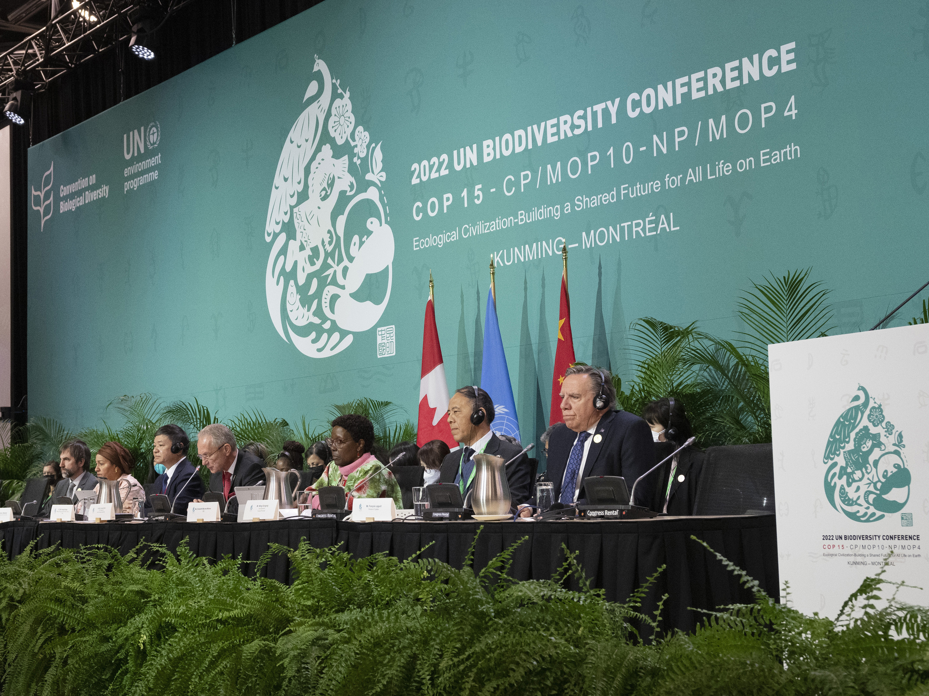 caption: The head table gets set to open the high level segment at the COP15 biodiversity conference in Montreal on Dec. 15, 2022.