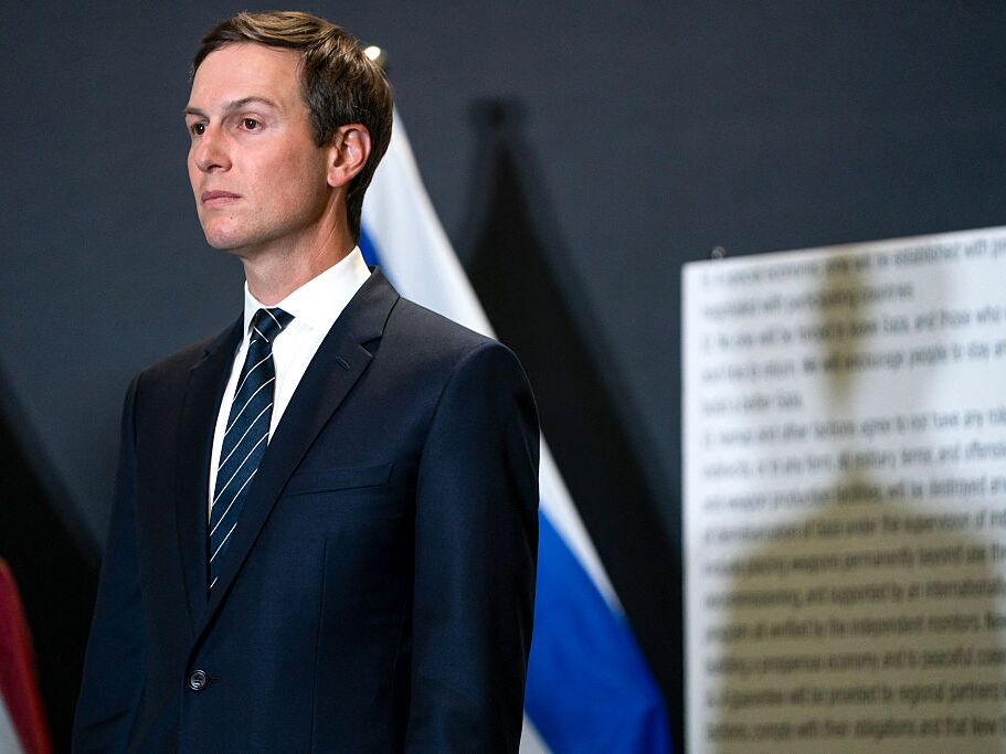 caption: Jared Kushner attends a press conference at the Civilian Military Coordination Center in southern Israel on Tuesday.
