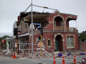 caption: Brick or unreinforced concrete buildings could crumble in an earthquake, like this one in Christchurch, New Zealand, in 2011.