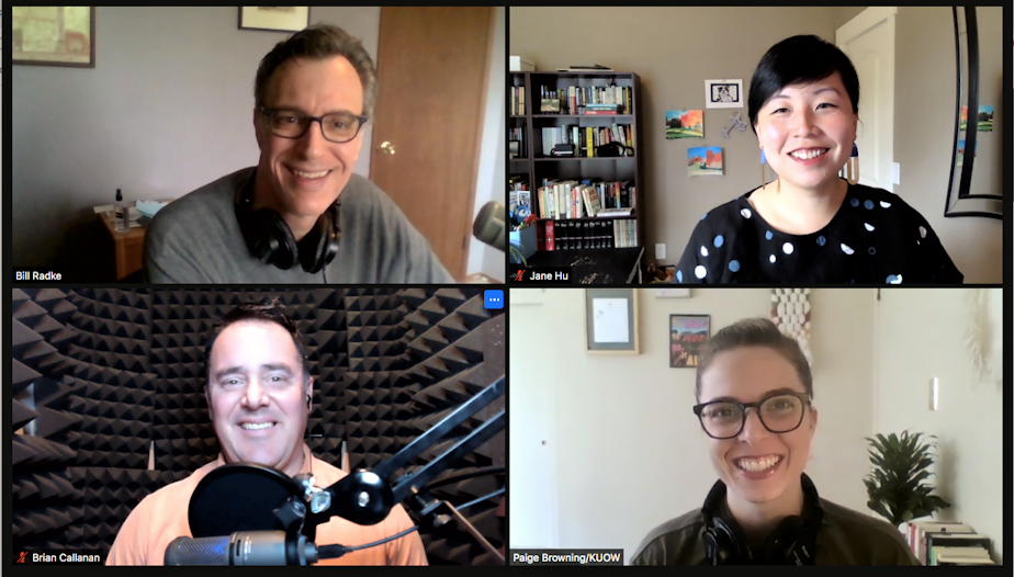 caption: Clockwise from top left: Bill Radke, Jane C. Hu, Paige Browning and Brian Callanan ready to discuss the week's news on Week in Review 