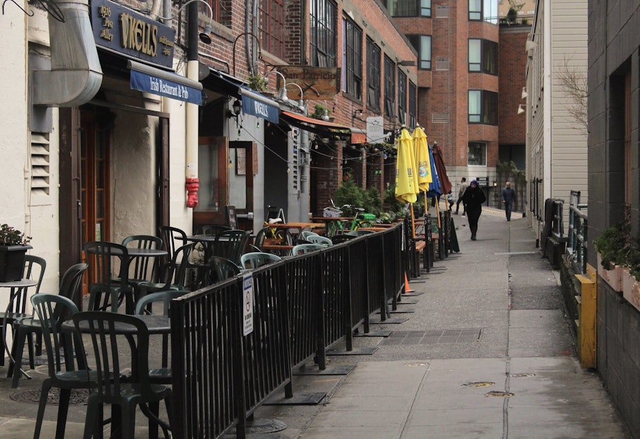 caption: Restaurants in Seattle's Post Alley (January 2019)
