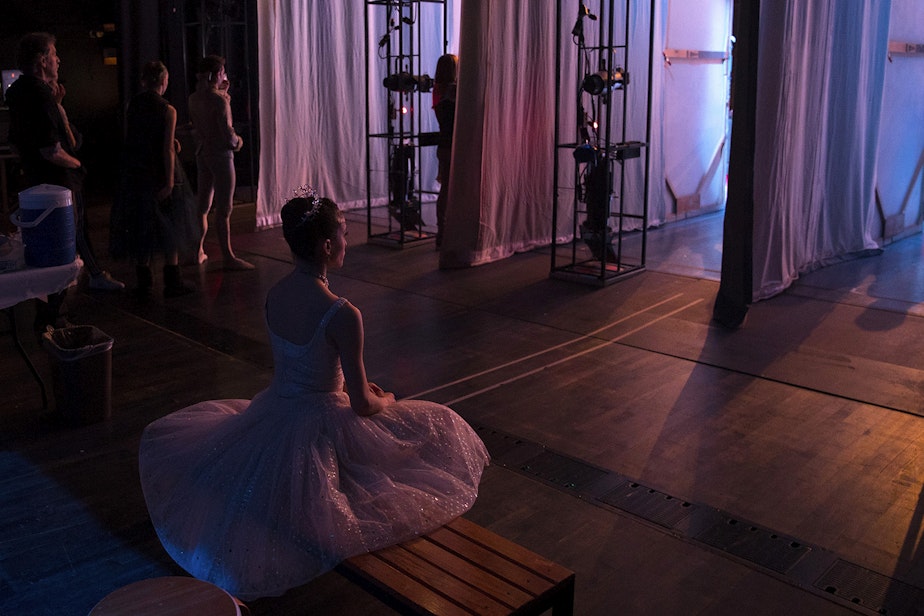 caption: Pacific Northwest Ballet principal dancer Leta Biasucci, performing Cinderella, sits backstage during the performance on Saturday, February 1, 2020, at McCaw Hall in Seattle.