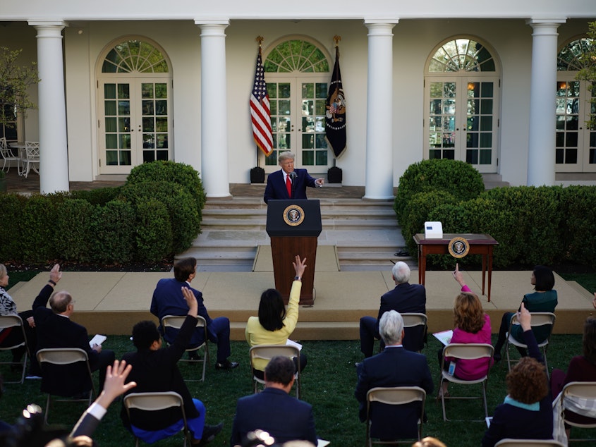caption: President Trump takes questions from reporters during a Coronavirus Task Force press briefing in the Rose Garden of the White House on Monday.