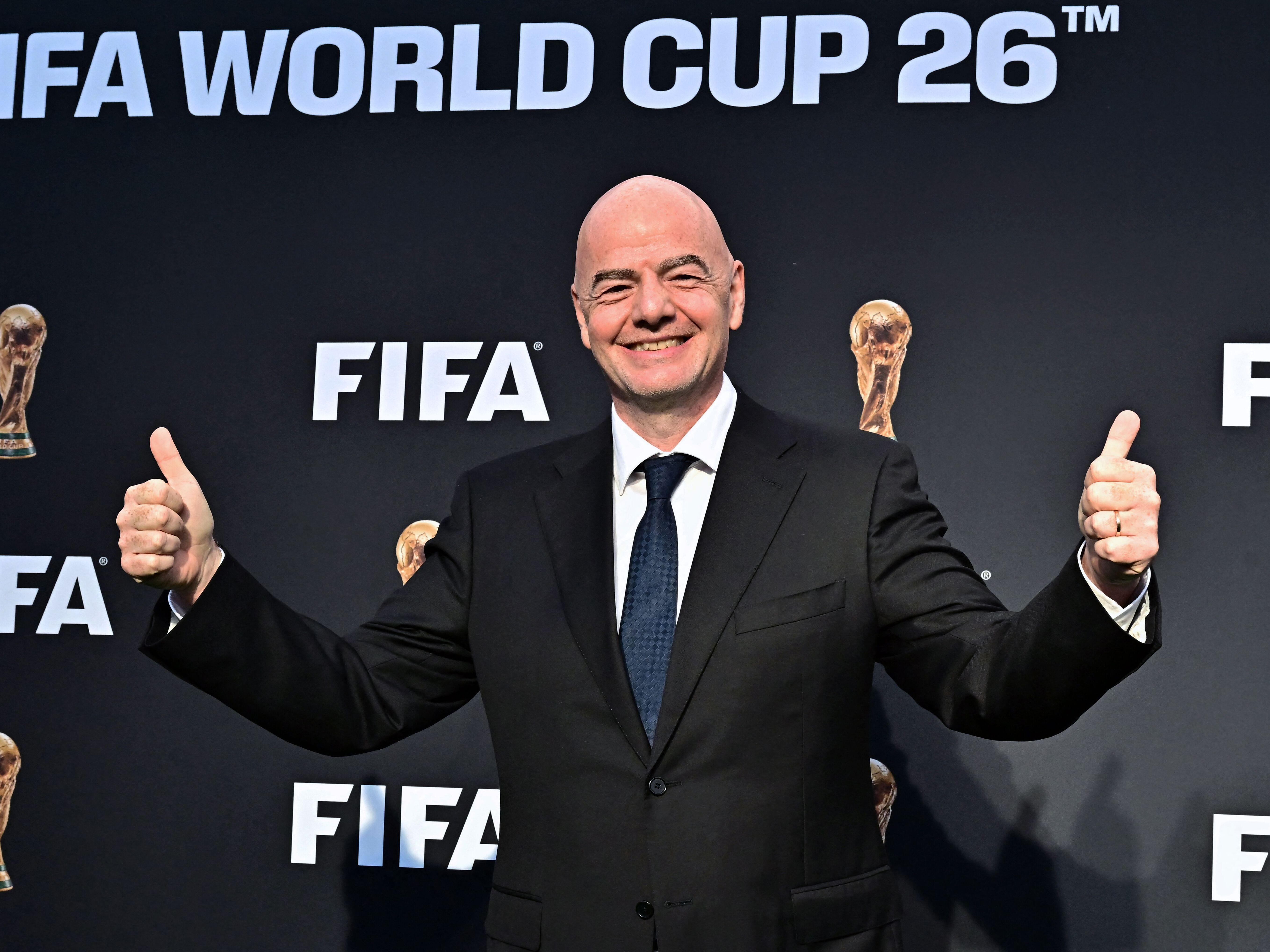 caption: FIFA President Gianni Infantino attends an event in Los Angeles on May 17, 2023, to mark the upcoming World Cup, which will held next year across the United States, Mexico and Canada.