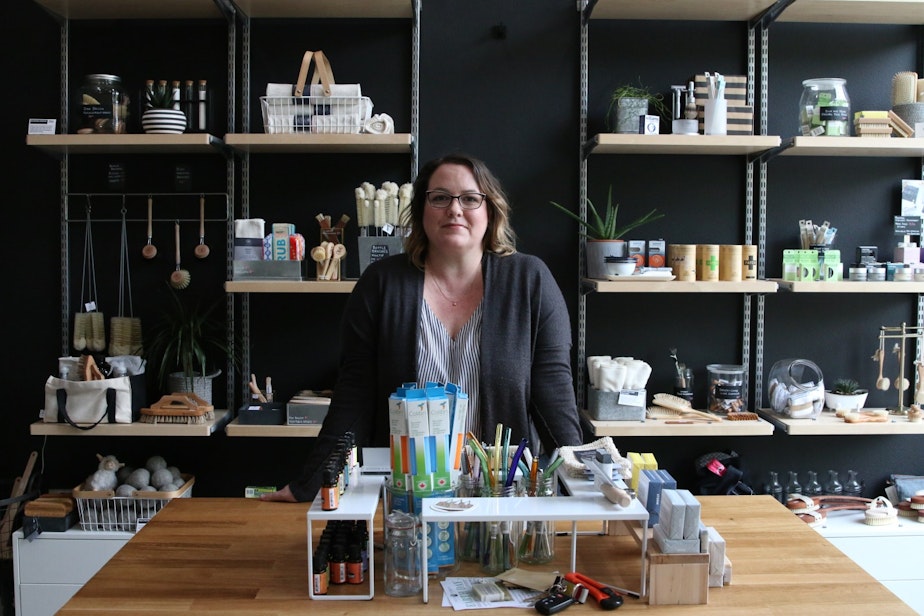 caption: Jolene Dobson runs Public Supply Goods, a store catering to the plastic free movement. She currently has no other employees.
