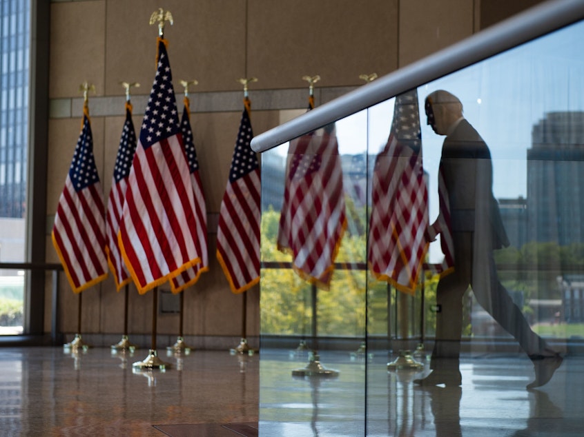 caption: Democratic presidential nominee Joe Biden leaves after speaking Sunday at the National Constitution Center in Philadelphia.