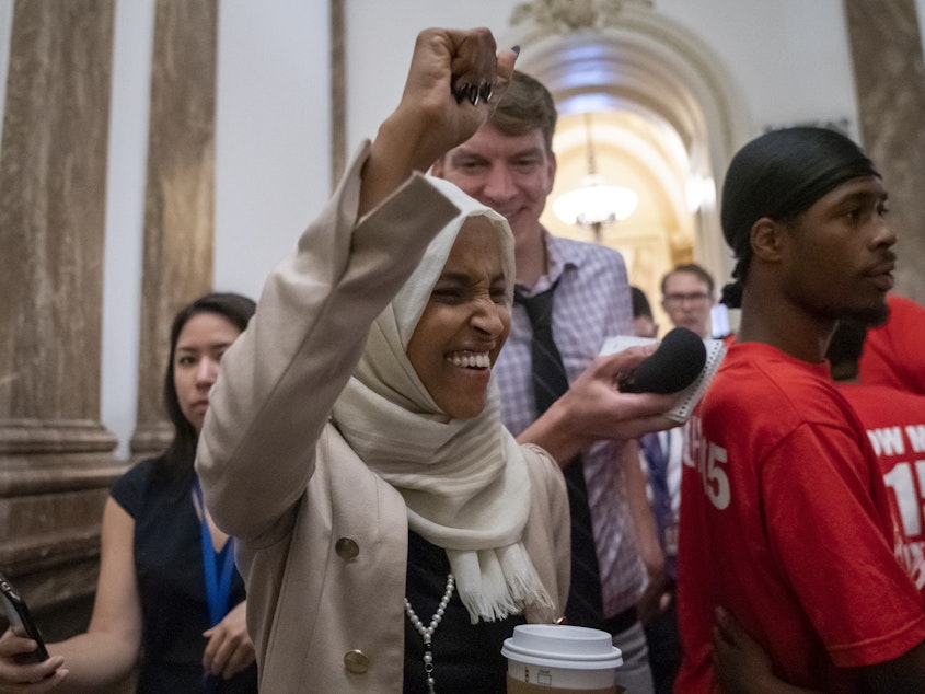 caption: Rep. Ilhan Omar, shown here at the Capitol on Thursday, has been a target of racist rhetoric from President Trump.