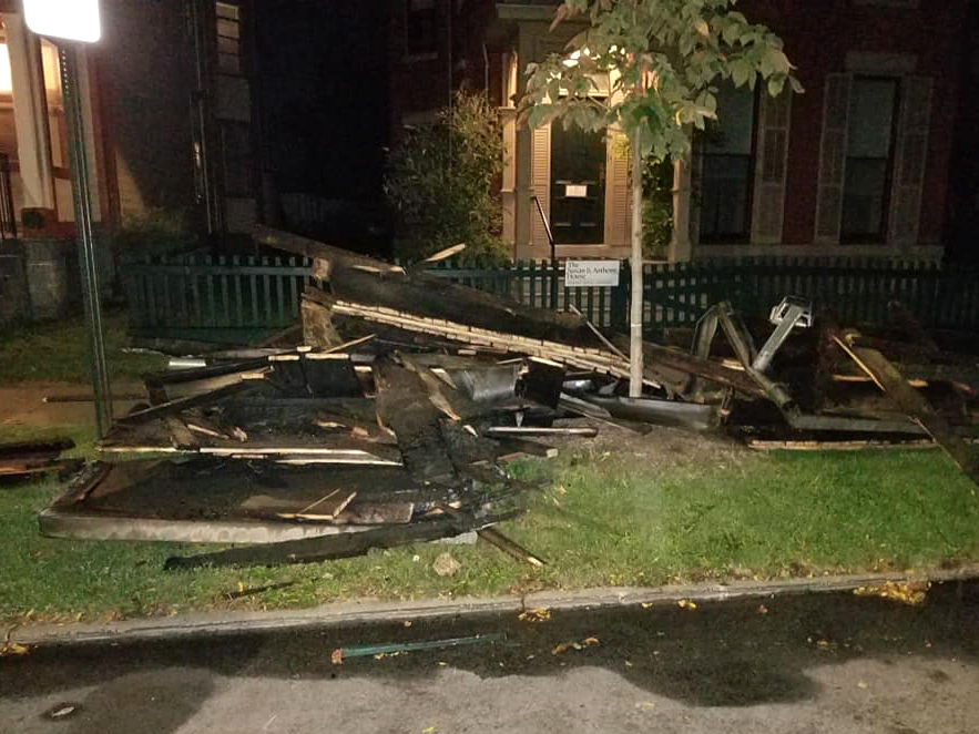 caption: Fire damage at the National Susan B. Anthony Museum & House.