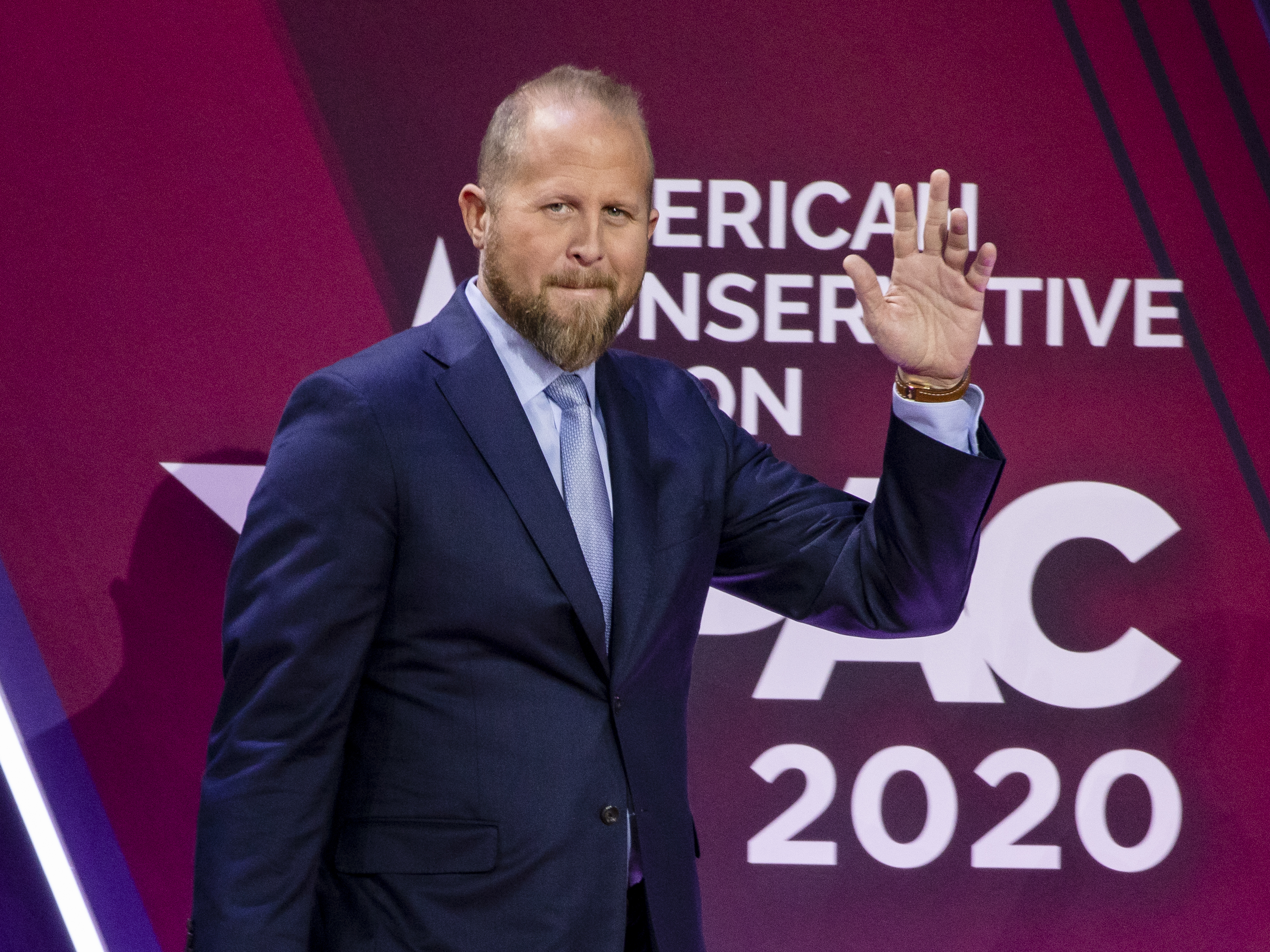caption: Brad Parscale on stage during the Conservative Political Action Conference 2020 in February.
