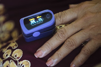 caption: A paramedic uses a pulse oximeter to check a patient's vital signs during an August home visit in the Bronx borough of New York.