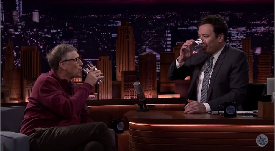 caption: Bill Gates challenges "Tonight Show" host Jimmy Fallon to guess which is the poop water made in the Omni Processor.