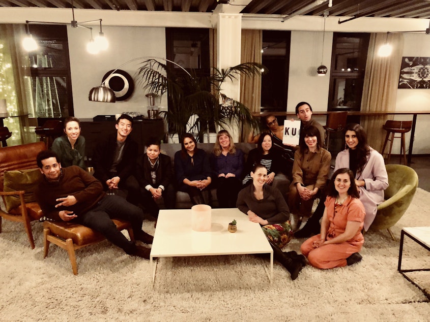 caption: Participants at the inaugural Curiosity Club dinner on January 24, 2019 at The Cloud Room with food by Plum Bistro.