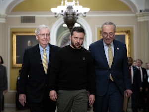 caption: Ukrainian President Volodymyr Zelensky met with Senate Minority Leader Mitch McConnell, Majority Leader Chuck Schumer and others in Congress to ask for more aid for his country's war against Russia.