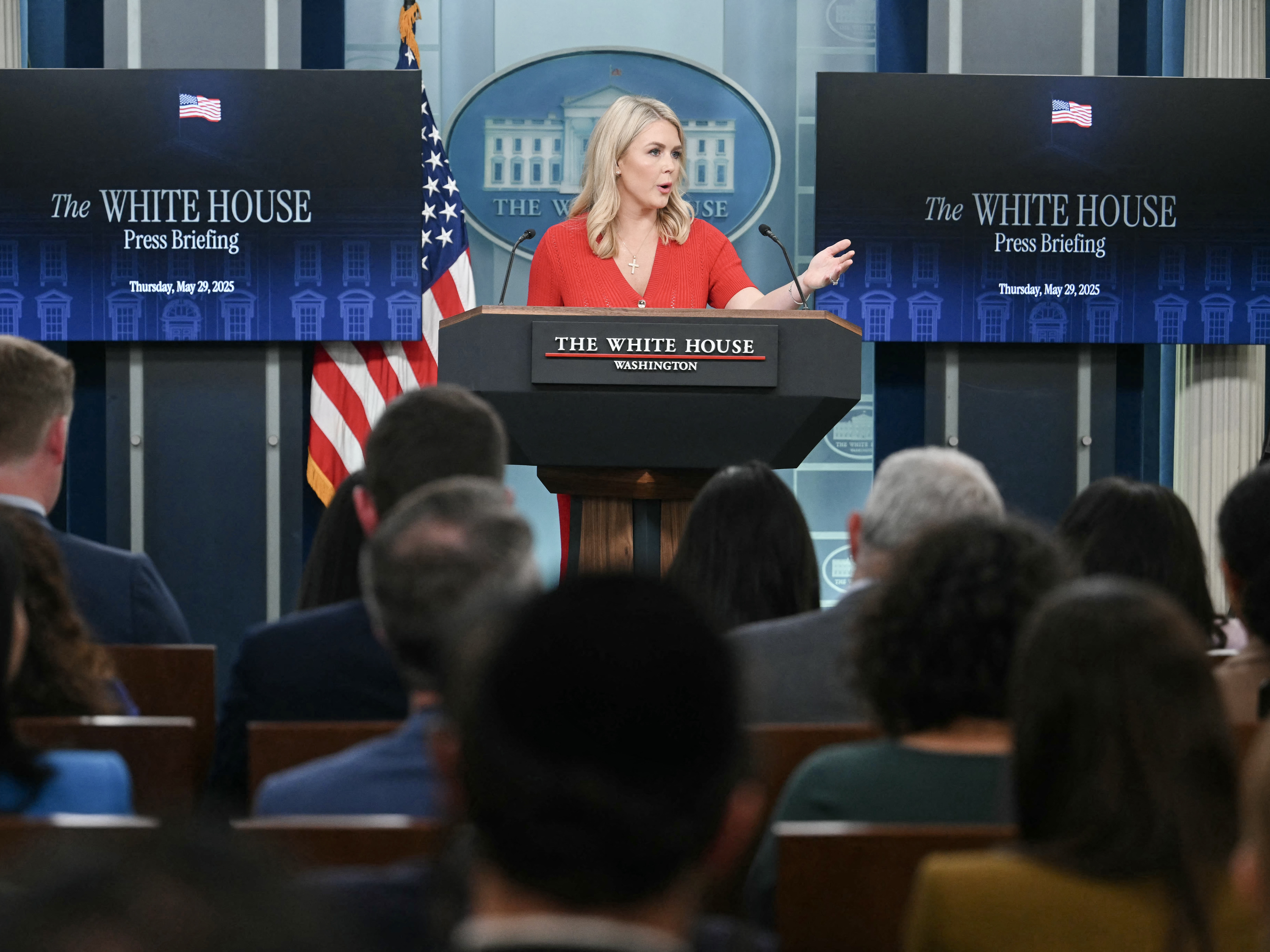 caption: White House press secretary Karoline Leavitt speaks during the daily briefing on Thursday. The National Association of the Deaf is suing the White House to require American Sign Language interpreters to be present at briefings.