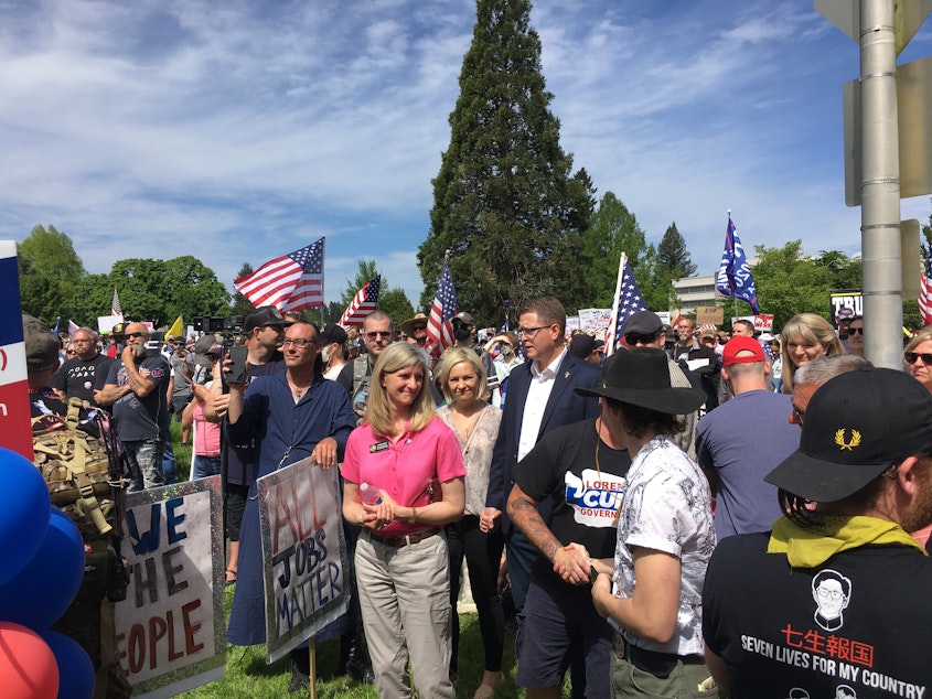 caption: File photo. Washington state Rep. Matt Shea, here at a recent protest against coronavirus safety measures in Olympia, will not be on the ballot this year for his current eastern Washington Legislative District 4 seat.