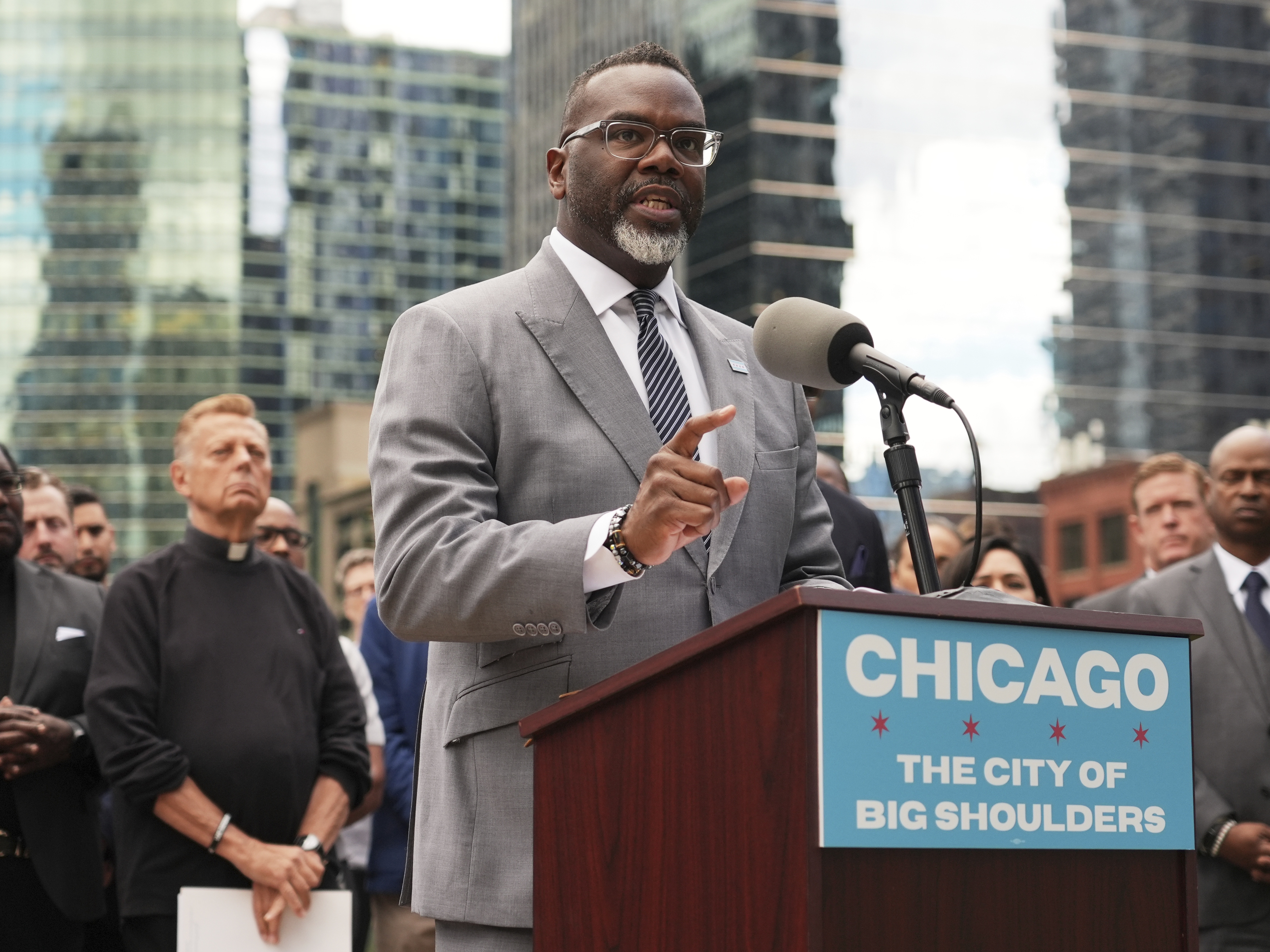 caption: Chicago Mayor Brandon Johnson speaks during a news conference at River Point Park, Monday, Aug. 25, 2025, in Chicago.