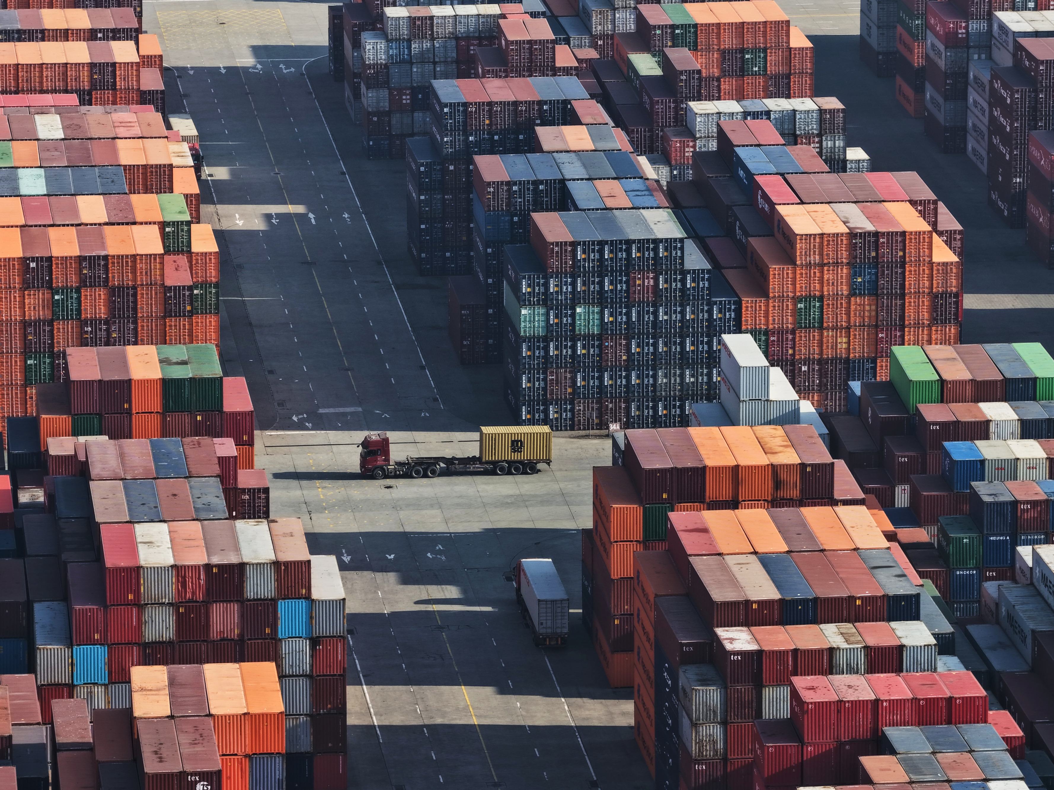 caption: Aerial view of a container terminal in Nanjing in eastern China's Jiangsu province, Wednesday, Jan. 14, 2026.