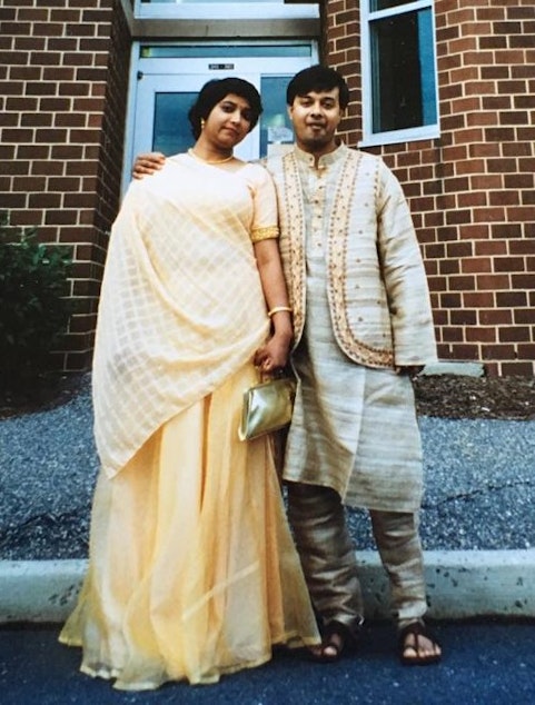 caption: Amit Bandyopadhyay and his wife, Susmita Bose, at Rutgers University in 1996