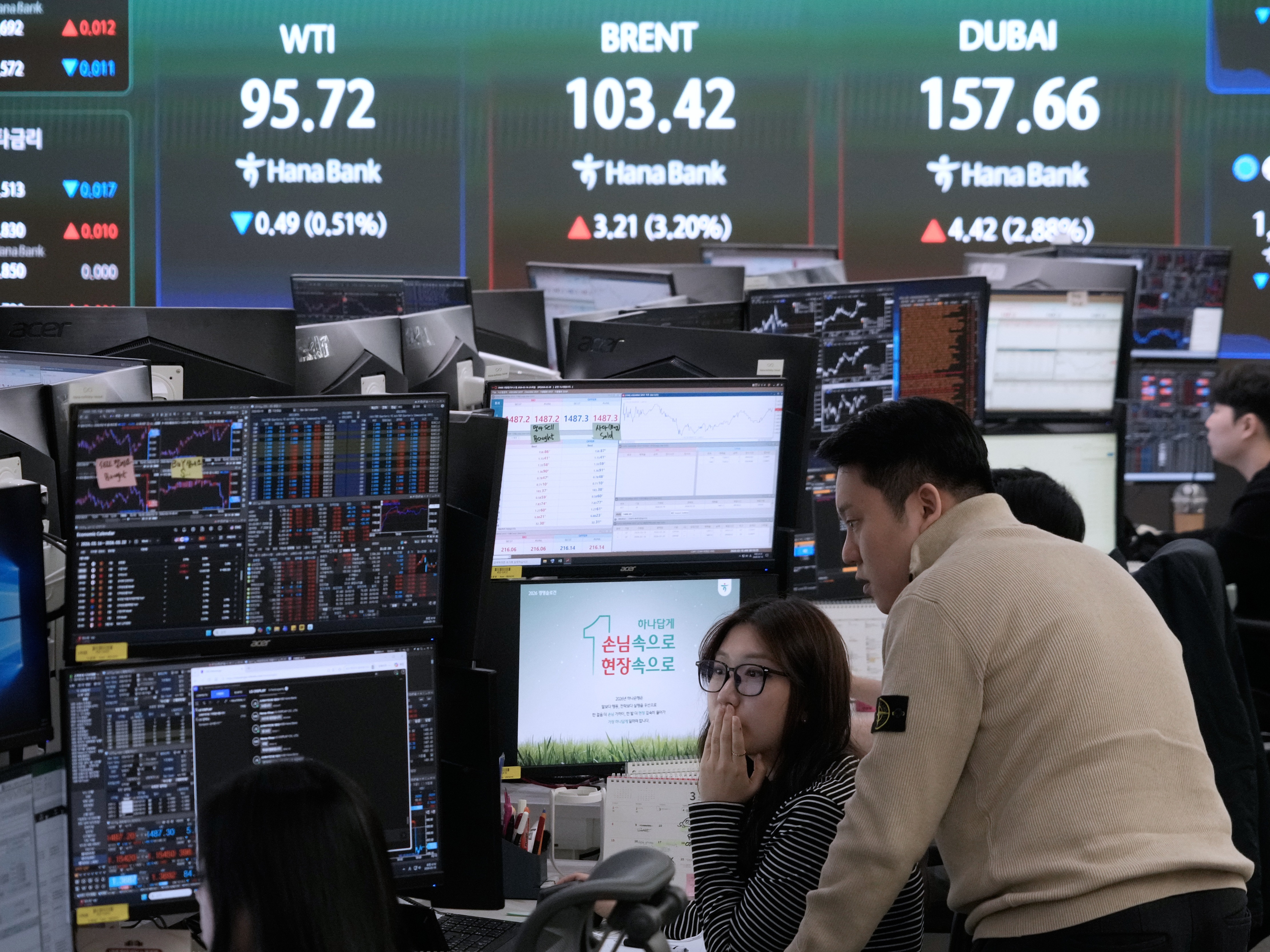 caption: Currency traders watch monitors near a screen showing international oil prices at the foreign exchange dealing room of the Hana Bank headquarters in Seoul, South Korea, on March 18.