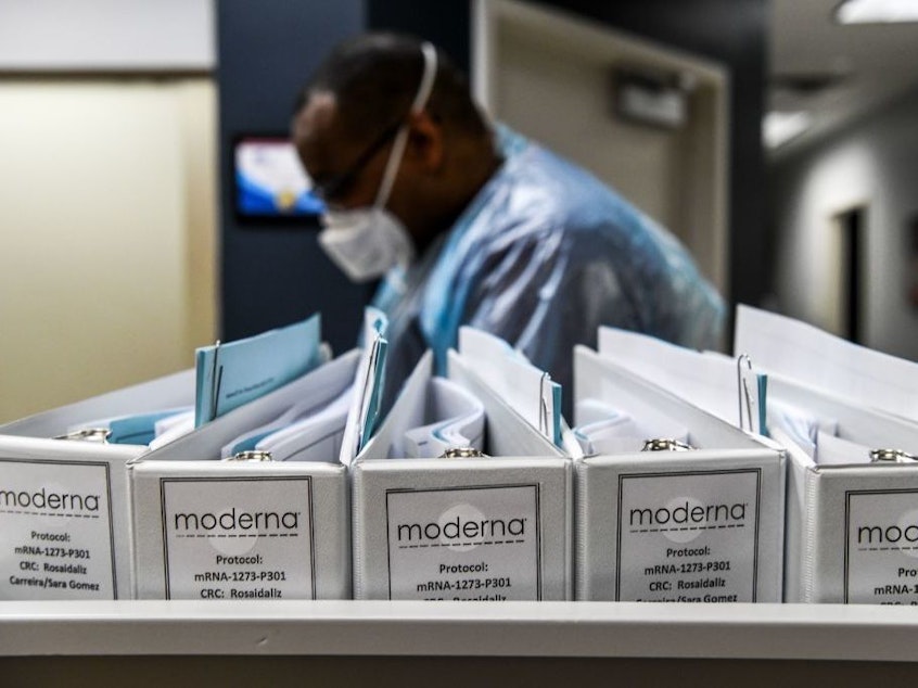caption: Biotechnology company Moderna protocol files for COVID-19 vaccinations are kept at the Research Centers of America in Hollywood, Florida, on August 13, 2020.