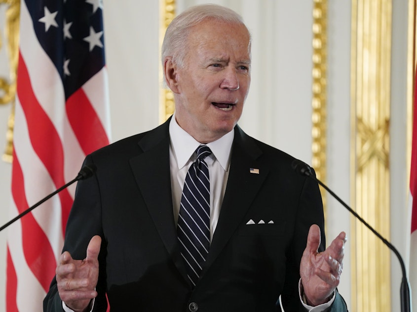 caption: President Joe Biden speaks during a news conference with Japanese Prime Minister Fumio Kishida at Akasaka Palace, Monday, May 23, 2022, in Tokyo.